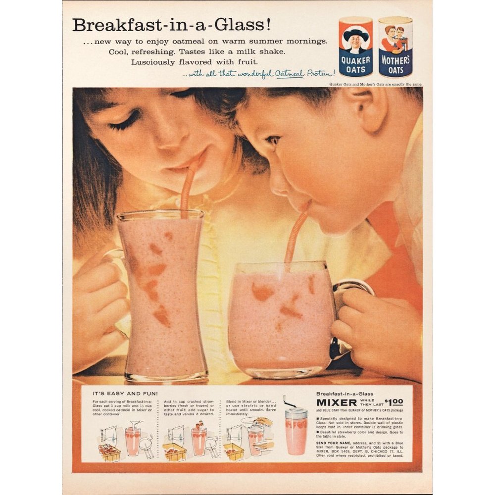 1959 Quaker Oaks Strawberry Milkshake Breakfast in a Glass Vintage Print Ad Art